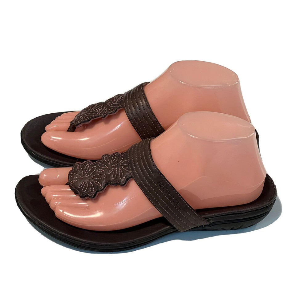 Merrell Sandals Sz 8 Casual Thong Slides Slip On Comfort Brown Leather